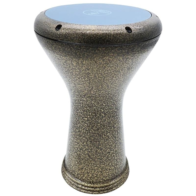 Djembe metálico com acabamento texturizado, tampa azul, mostrado de frente