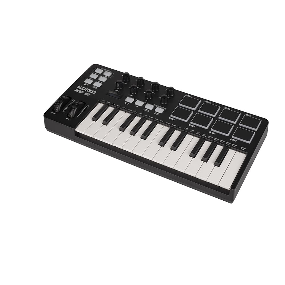 Controlador MIDI USB Kokko Professional Mini 25 Key com 8 teclas de piano, 8 botões de tambor retroiluminados e 8 botões de controle