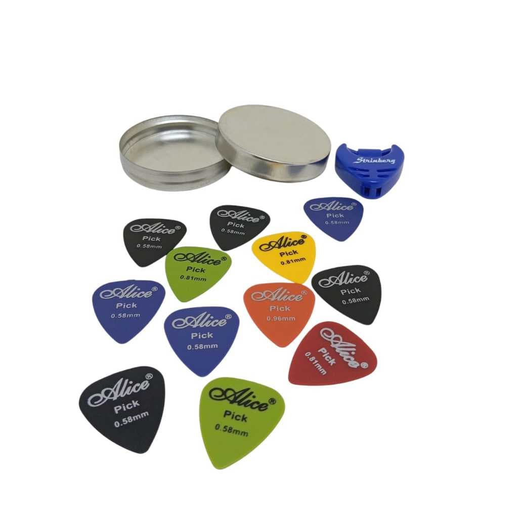 Kit 12 Palhetas variadas + Latinha para guardar palhetas + Porta palheta de colar