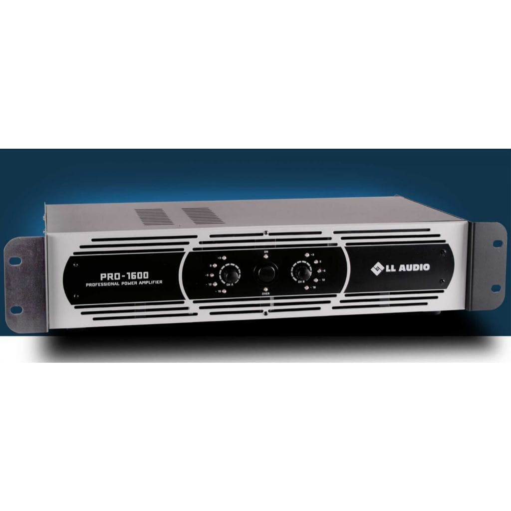Amplificador de potência profissional LL Audio PRO1600, cor prata e preto, controles rotativos, fundo branco