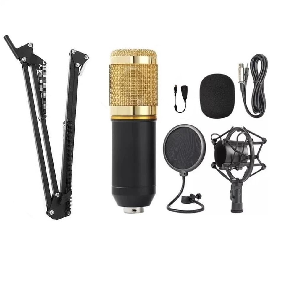 Kit microfone condensador profissional com microfone, pedestal e acessórios