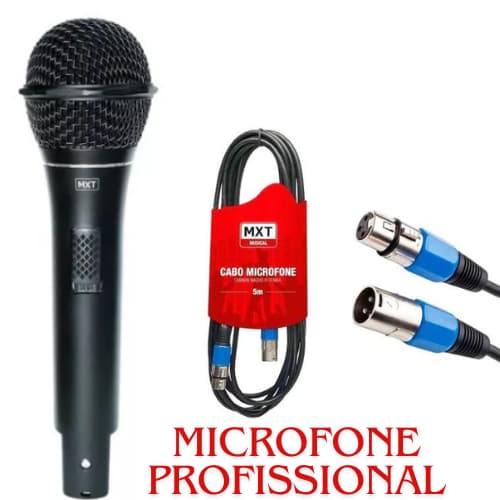 Microfone dinâmico profissional preto com cabo XLR balanceado e conector DMX