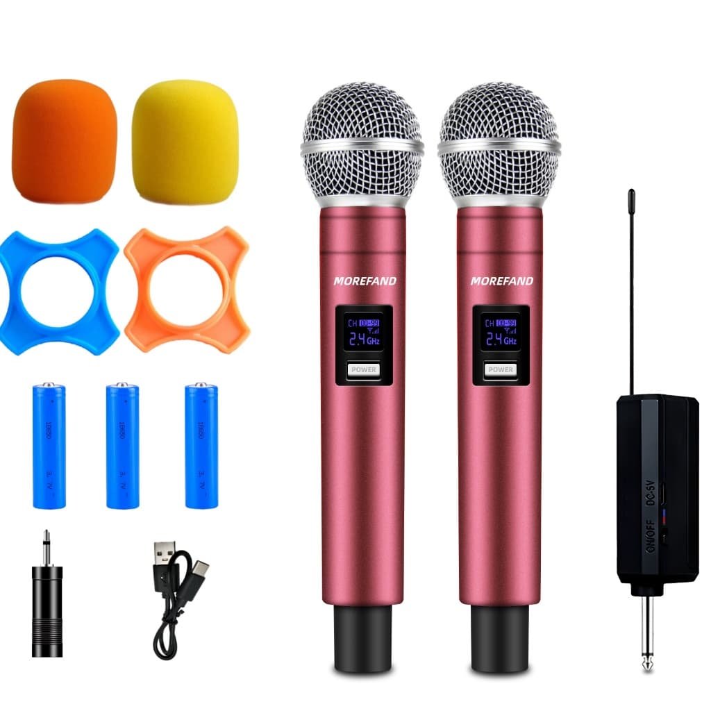 Microfones sem fio duplo profissional dinâmico recarregável UHF 2 canais