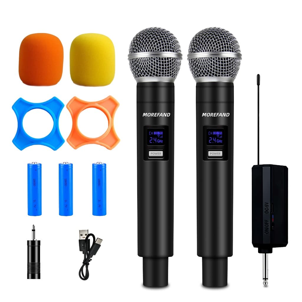 Microfones sem fio duplo profissional dinâmico recarregável UHF 2 canais portáteis para karaokê show reunião