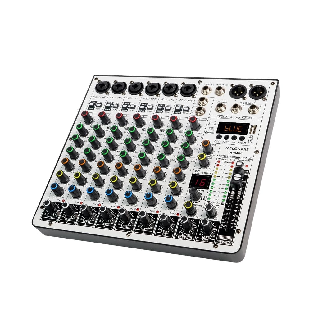 MELONARE ARMX-8 Mixer de áudio de 8 canais DJ Interface de áudio USB Função Bluetooth 16 efeitos DSP
