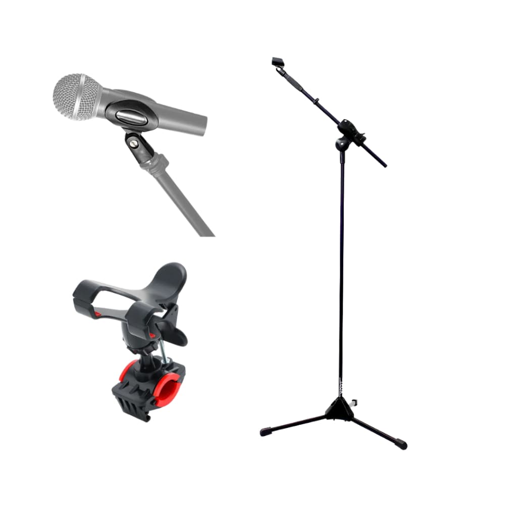 Kit pedestal microfone com suporte celular e cachimbo, fundo branco