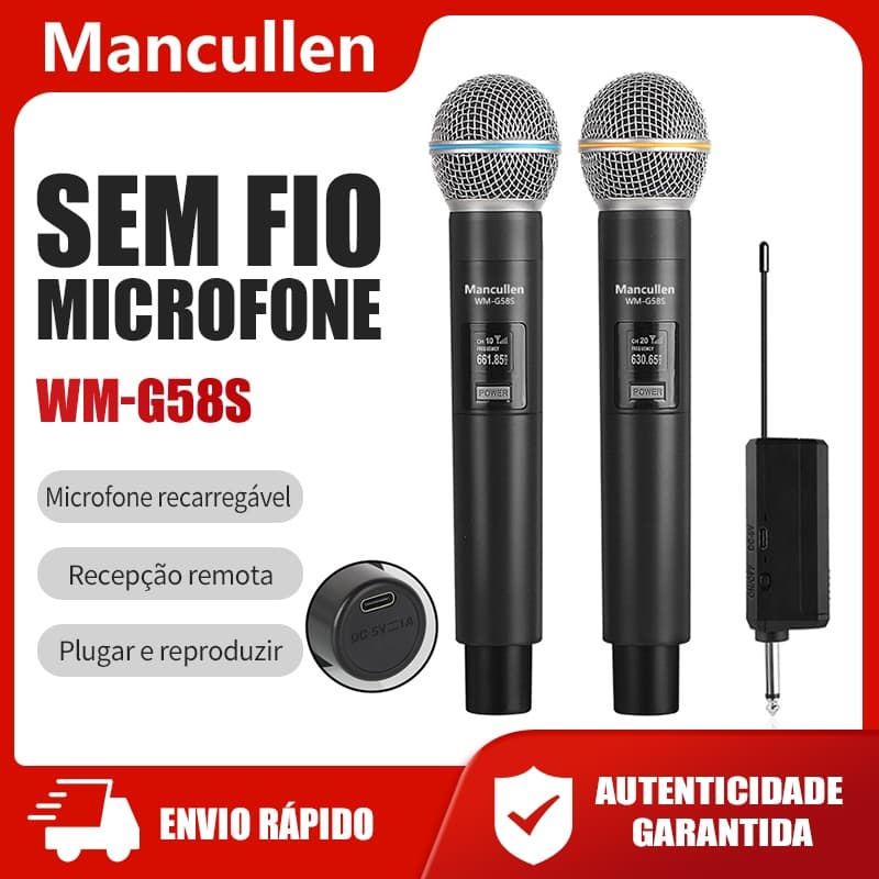 Microfones sem fio recarregáveis Mancullen, com receptor remoto e plugar e reproduzir, adaptador de energia incluído.