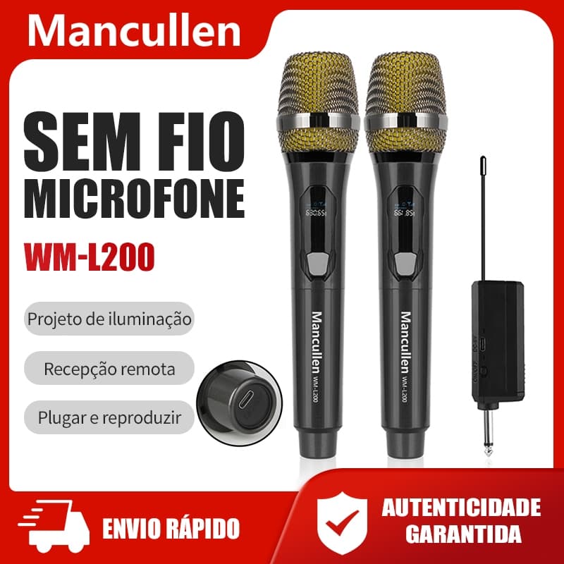 Microfone sem fio Mancullen LED, receptor remoto e adaptador, fundo branco
