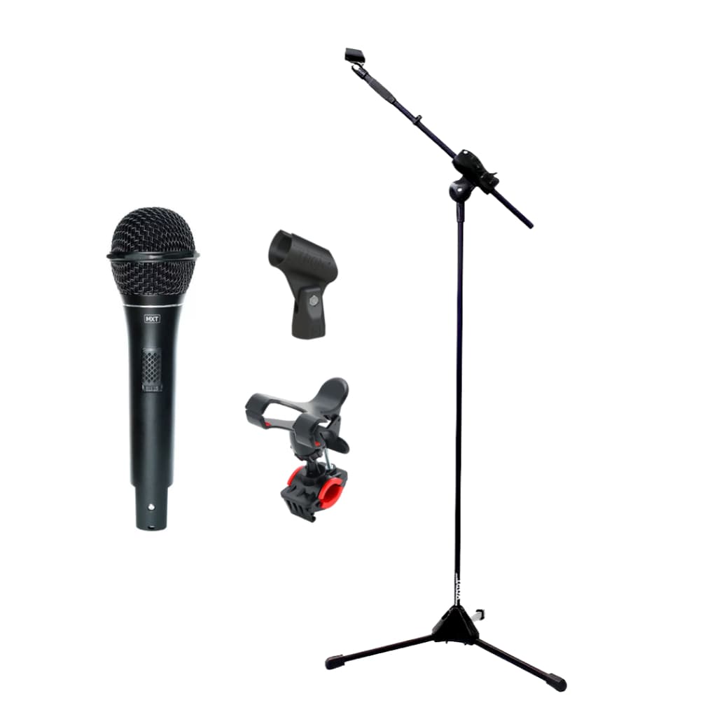 Kit de microfone com microfone, pedestal, cachimbo e suporte de celular, preto e vermelho