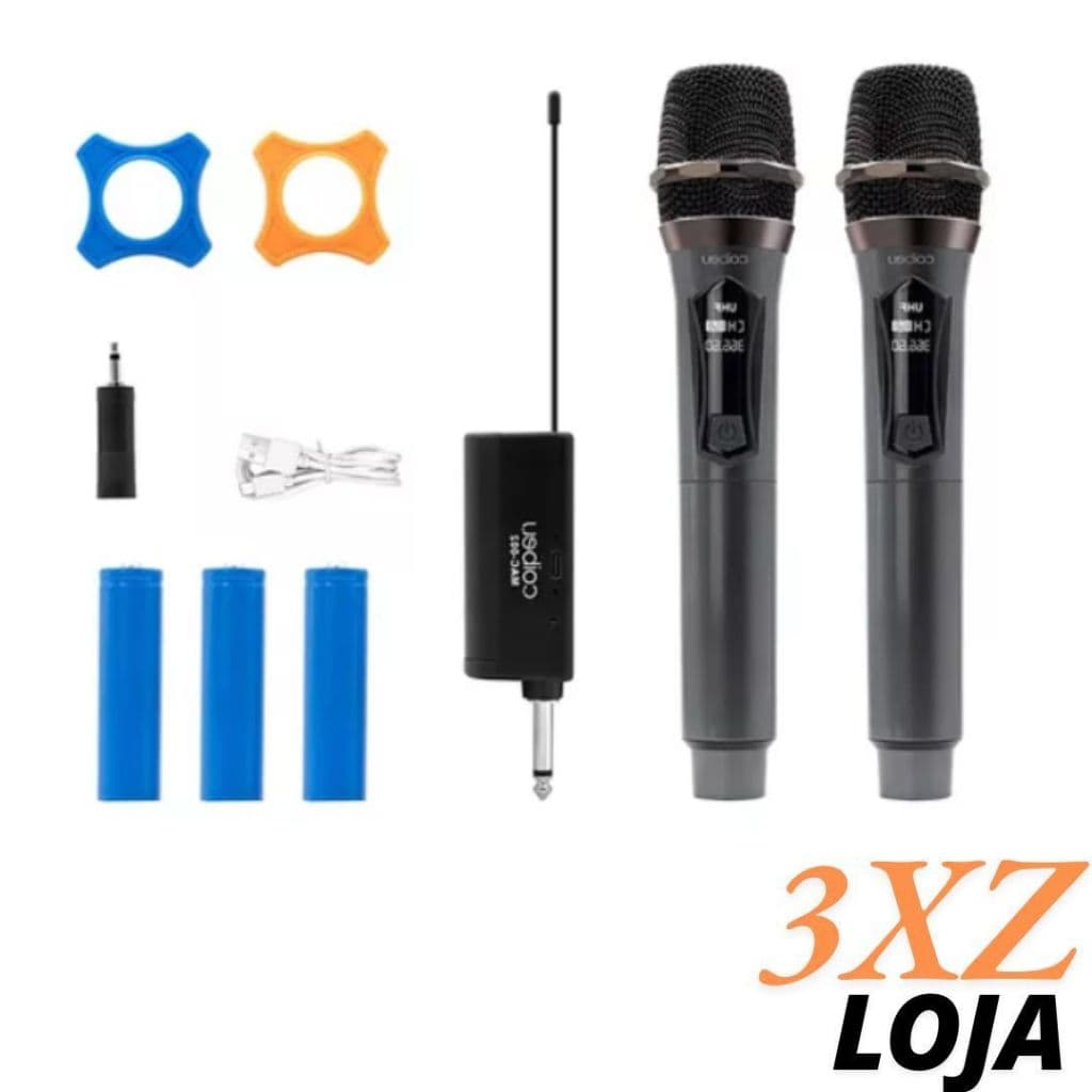 Microfones dinâmicos sem fio duplo profissional pretos e cinza com acessórios