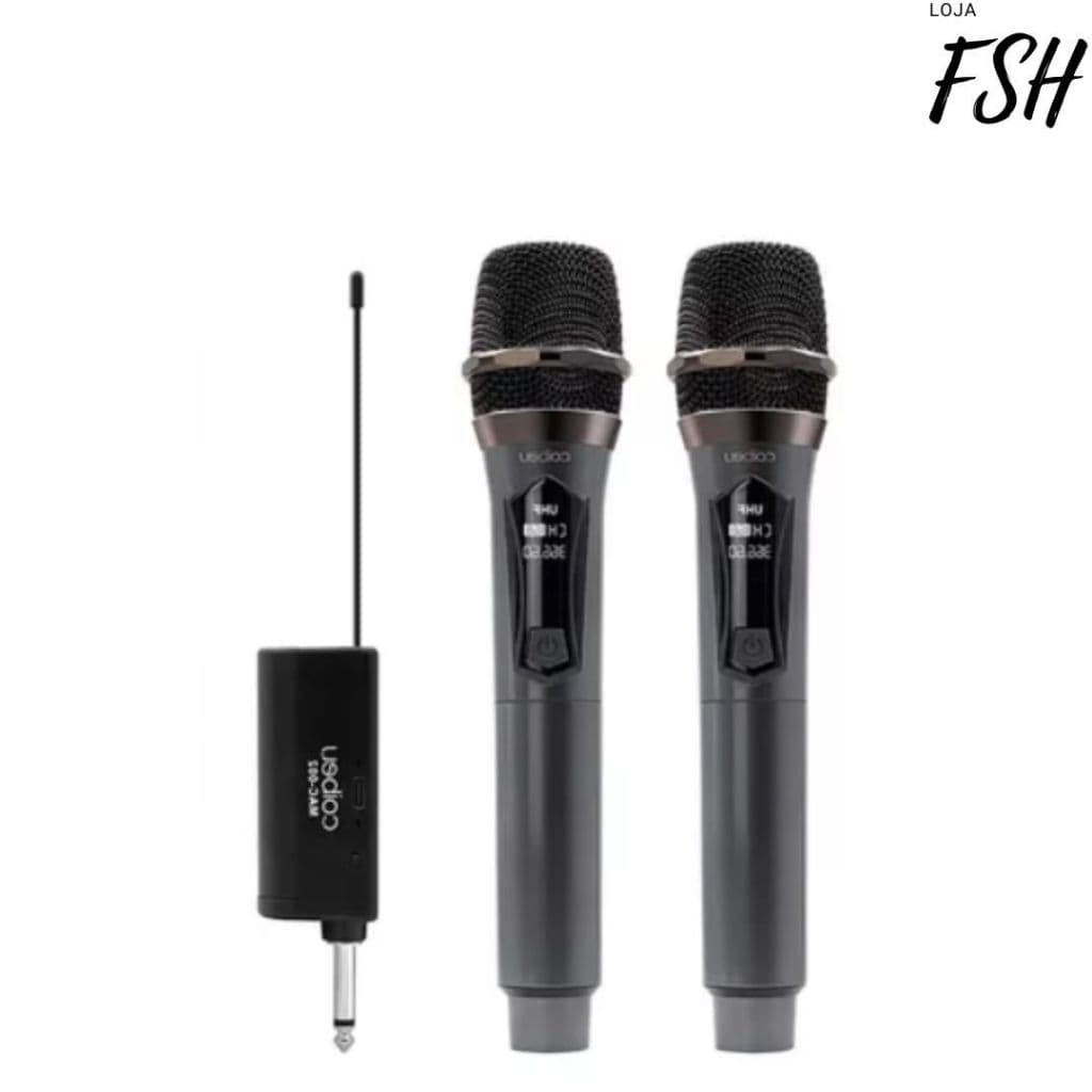 Microfones dinâmicos sem fio duplo profissional recarregável UHF, preto e prata, conjunto de dois.