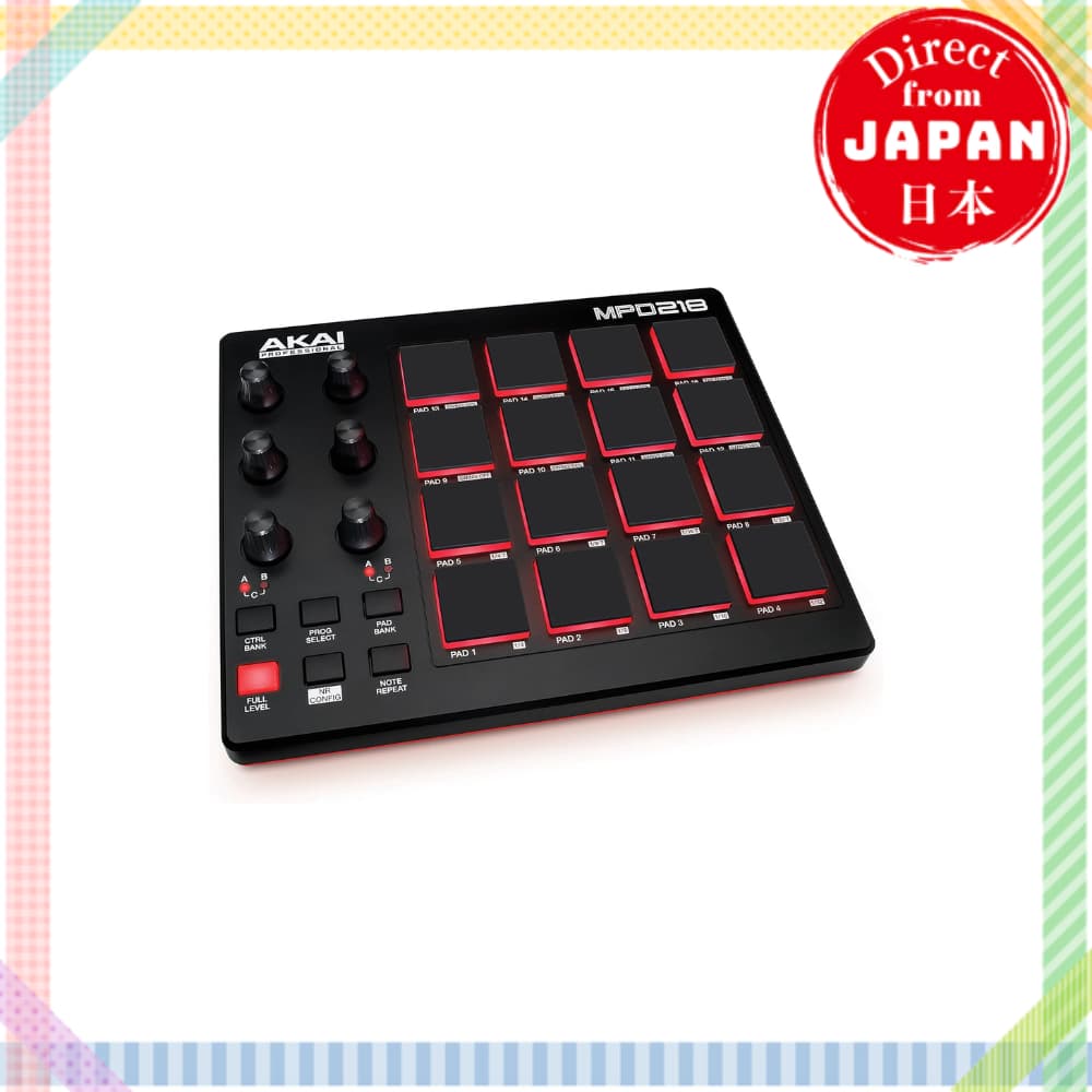 Controlador MIDI Akai Professional MPD218 com 16 pads, preto e vermelho, em fundo branco.