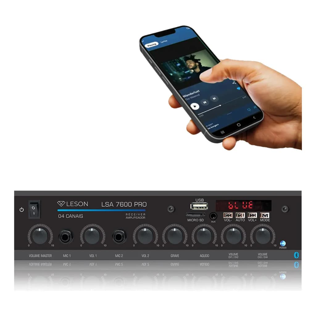 Amplificador de áudio Leson LS7600 PRO em preto com controles e interface digital