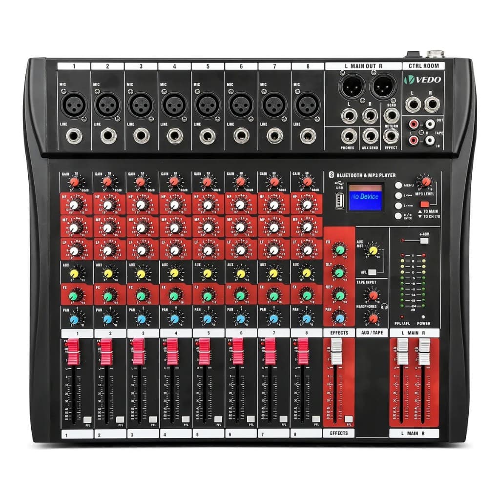 Mesa de som VEDO 8 canais profissional com display LCD e controle de DJ