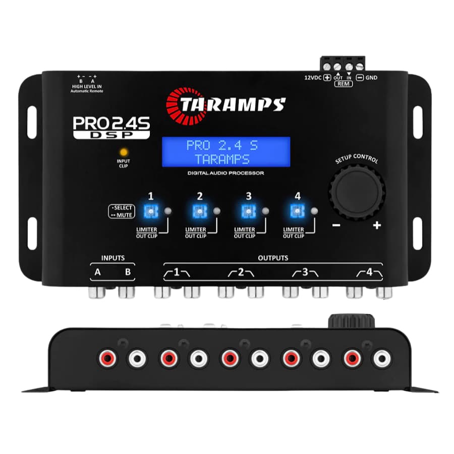 Processador de áudio digital Taramps Pro 2.4s em fundo branco, com display azul e conectores vermelhos, pretos e brancos.