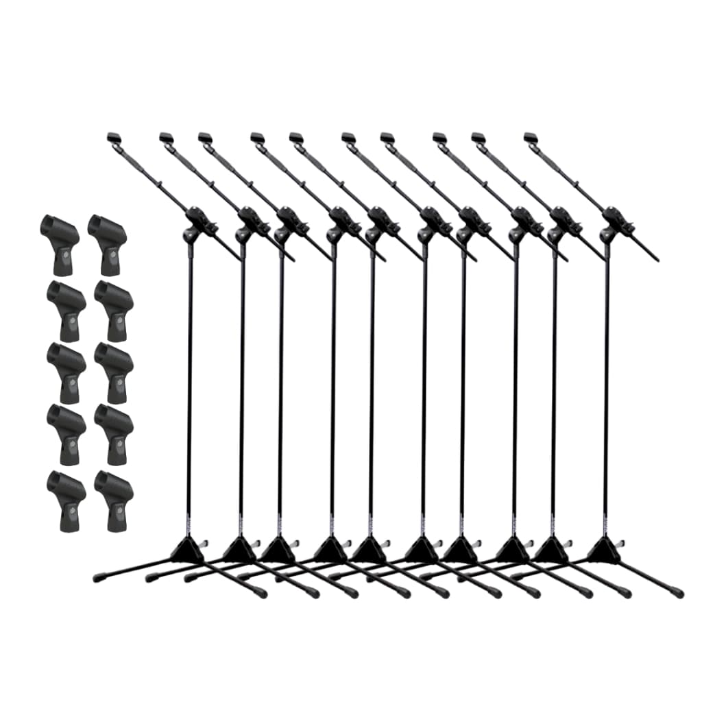 Kit de 10 microfones com pedestal Ibox preto, microfones cilíndricos com base preta, fundo branco