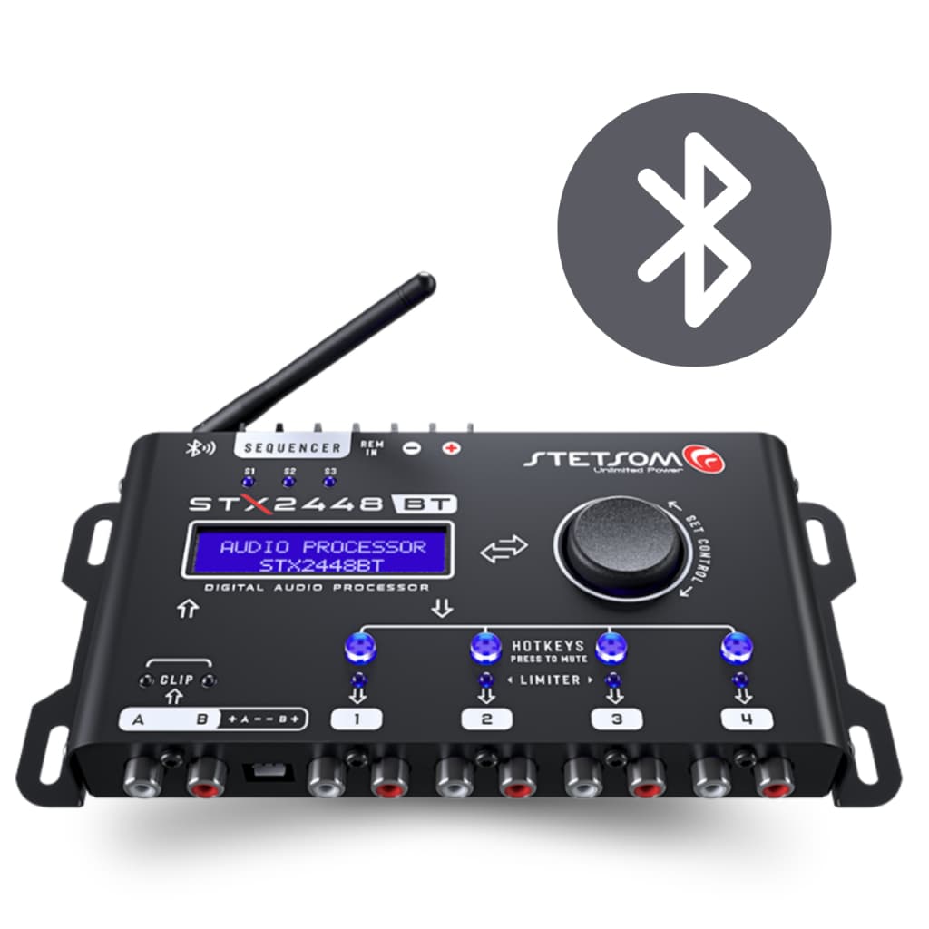 Processador de Áudio Digital Stetsom STX2448 BT, Preto, com Interface LCD e Controles de Volume