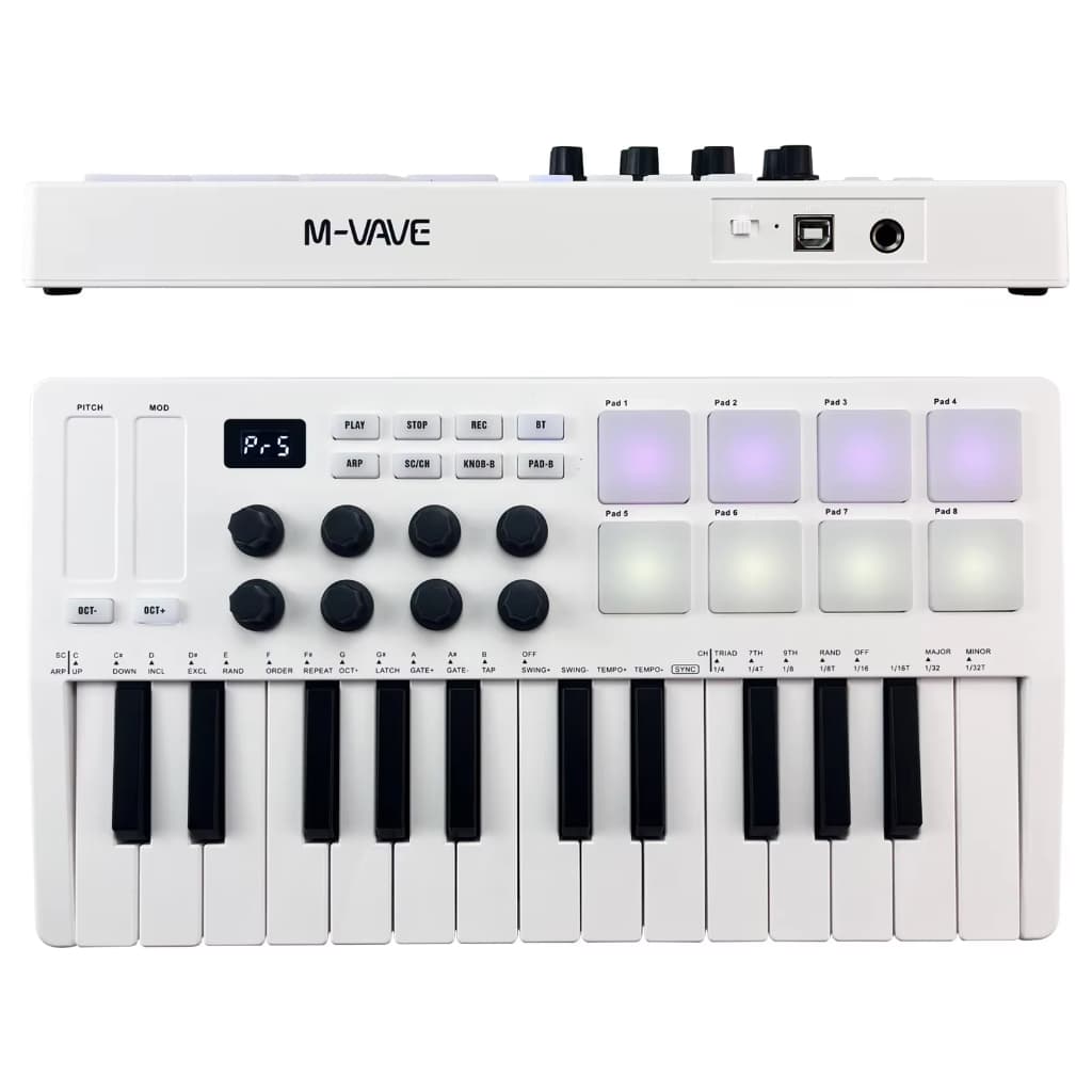 Controlador MIDI USB M-VAVE 25 teclas branco com 8 pads de bateria e 8 botões rotativos