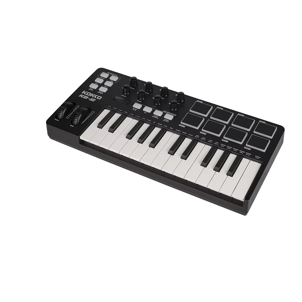 Controlador MIDI USB Kokko Professional Mini com 25 teclas e 8 pads de bateria retroiluminados