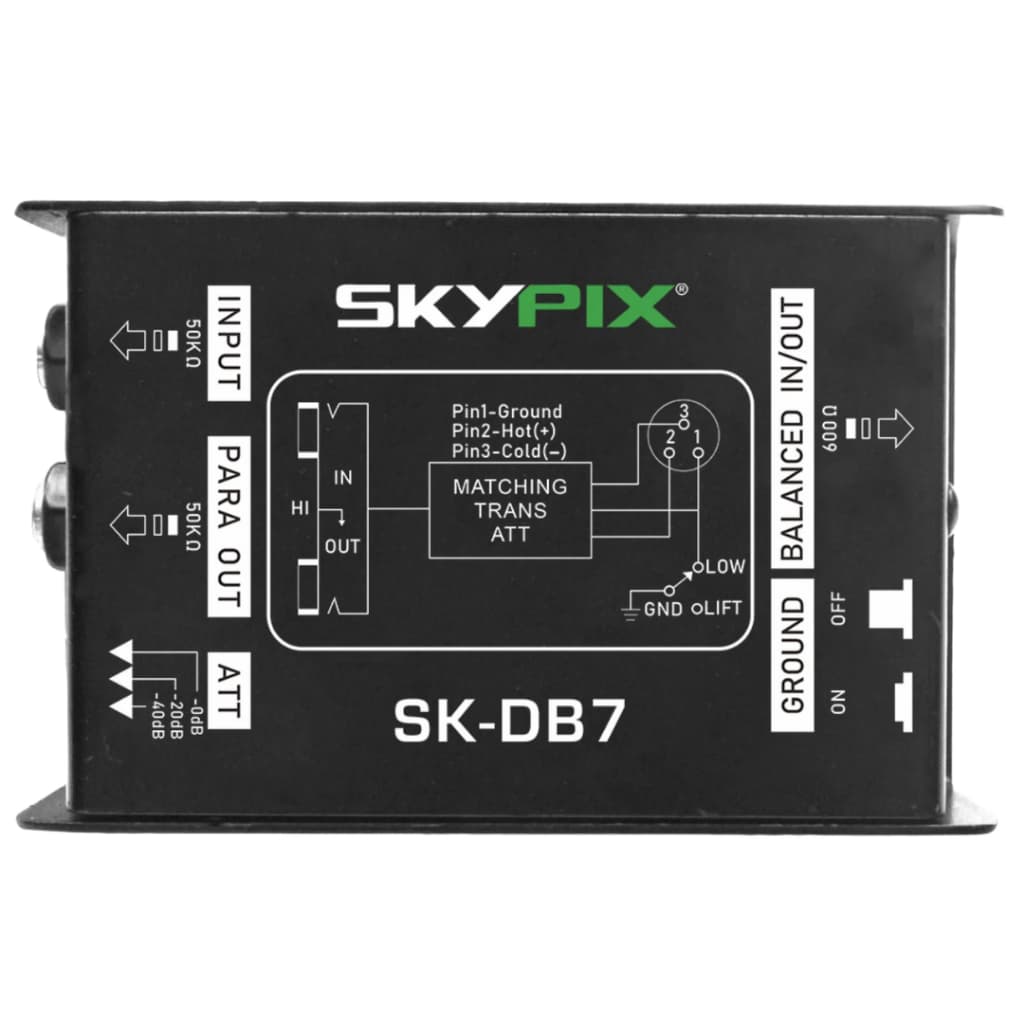 Direct Box Skypix SK-DB7 Passivo, caixa preta com diagrama elétrico e controles visíveis
