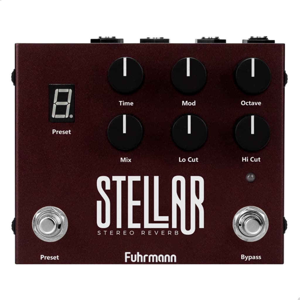 Pedal de efeito Stellar Stereo Reverb, marrom, controles rotulados, fundo branco