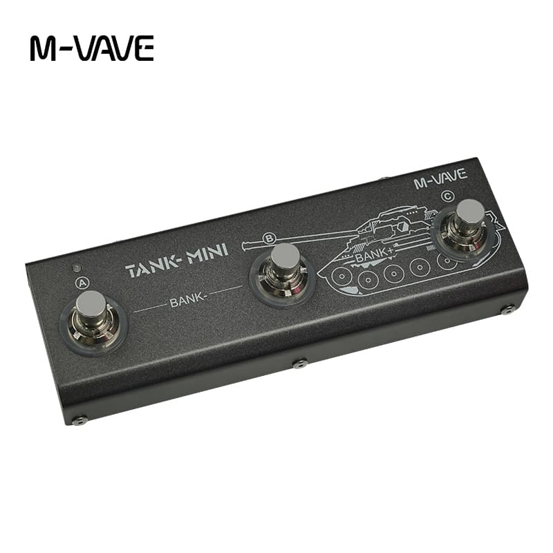 Pedal de efeitos M-VAVE Tank Mini para baixo com design de tanque, botões rotulados e texto 'M-VAVE' e 'TANK-MINI'.