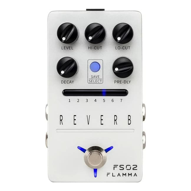 Pedal de guitarra Flamma Reverb FS02 cor prateada com controles de nível, hi-cut, lo-cut, decay, save select e pre-dly