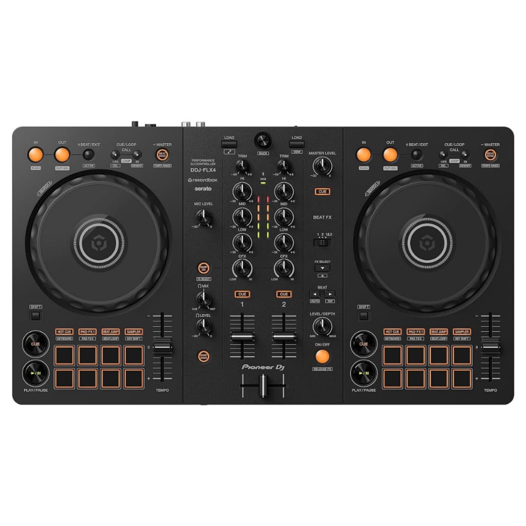 Controladora DJ Pioneer DDJ-FLX4 em fundo branco, painel frontal com jog wheels e botões