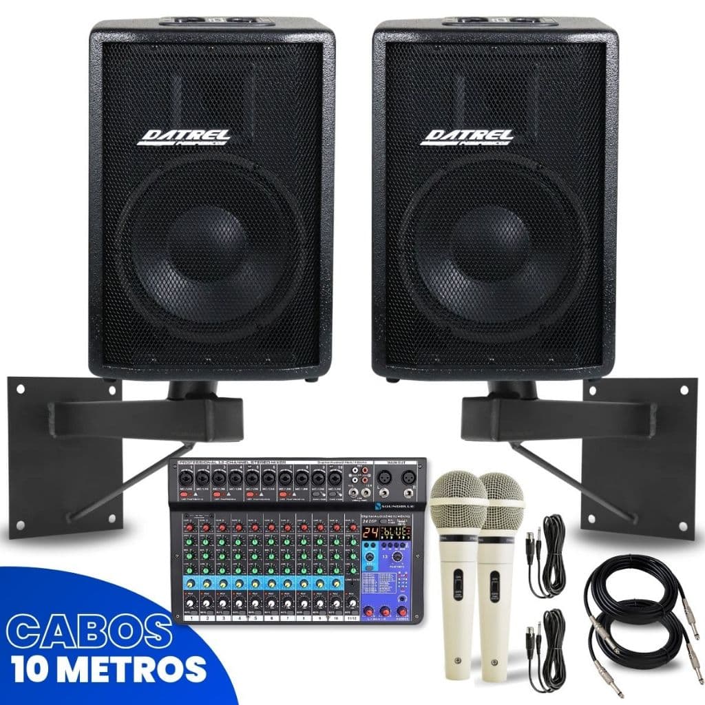 Kit de som 400W com mesa de som 12 canais Bluetooth e microfones