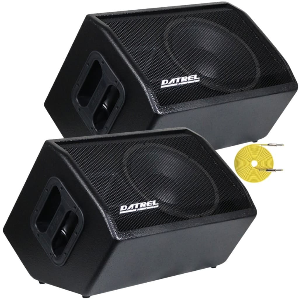 Kit caixa de retorno ativa e passiva Datrel 10 polegadas 400W RMS, dois alto-falantes pretos com acabamento em tela e logotipos brancos.