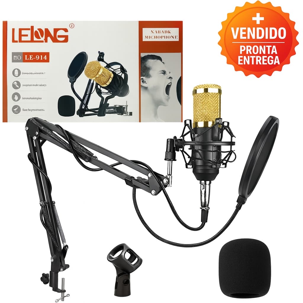 Kit Microfone Condensador Com Suporte Articulado Pop Filter Espuma Podcast Gravação e Karaokê