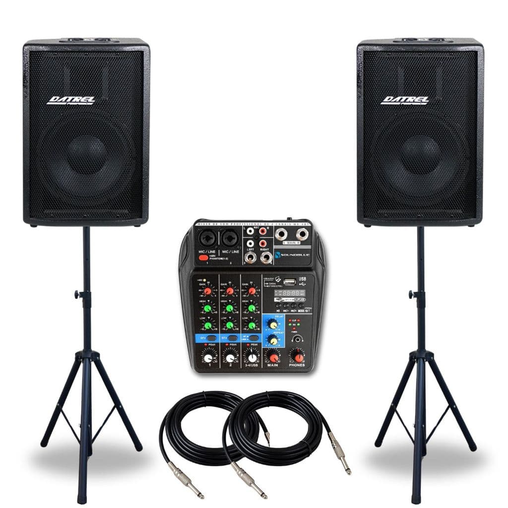 Kit 2 Caixas Som 400w Ativa Passiva Acustica Profissional + Console Mesa 4 Canais Audio Usb Midi Combo + Suportes Tripe