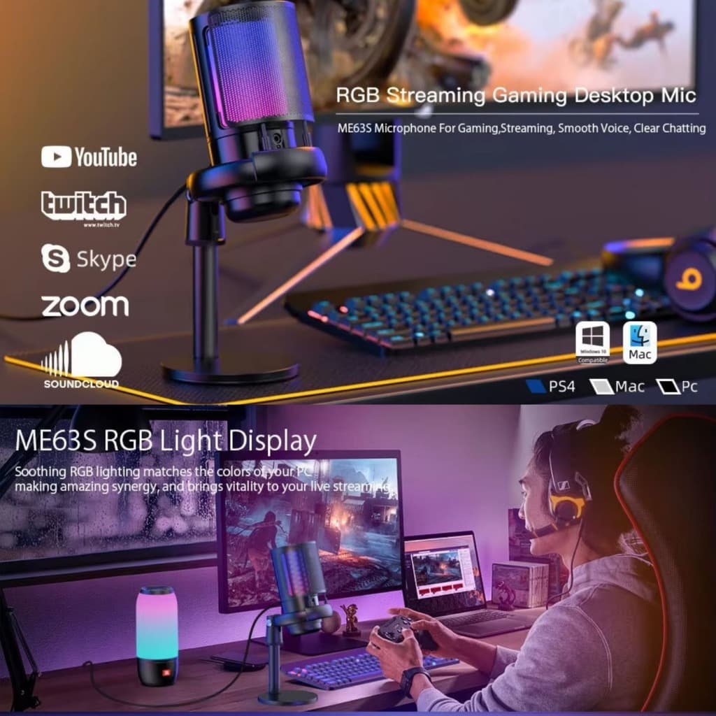 Microfone Gamer Condensador Podcast Alta Sensibilidade Rgb Microfones e Gravadores