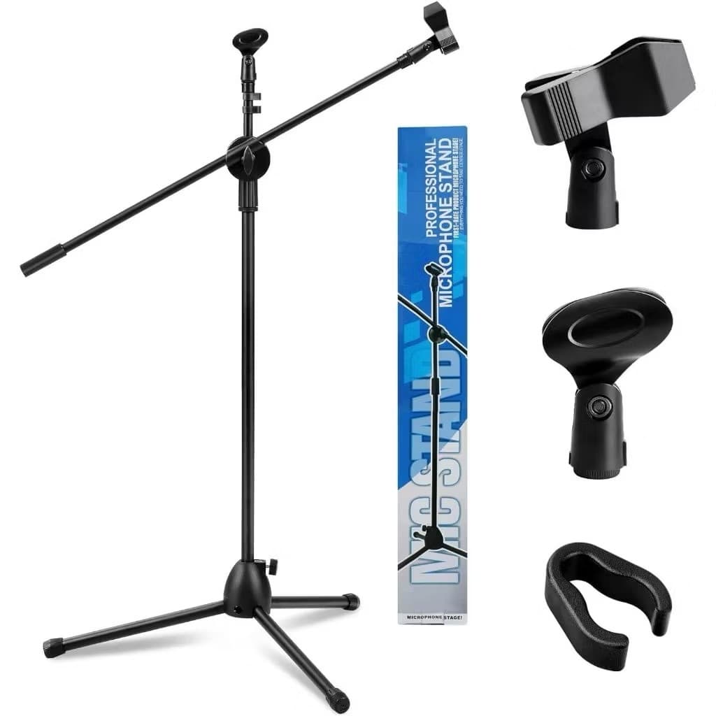 Suporte girafa preto para microfone com cachimbo e acessórios