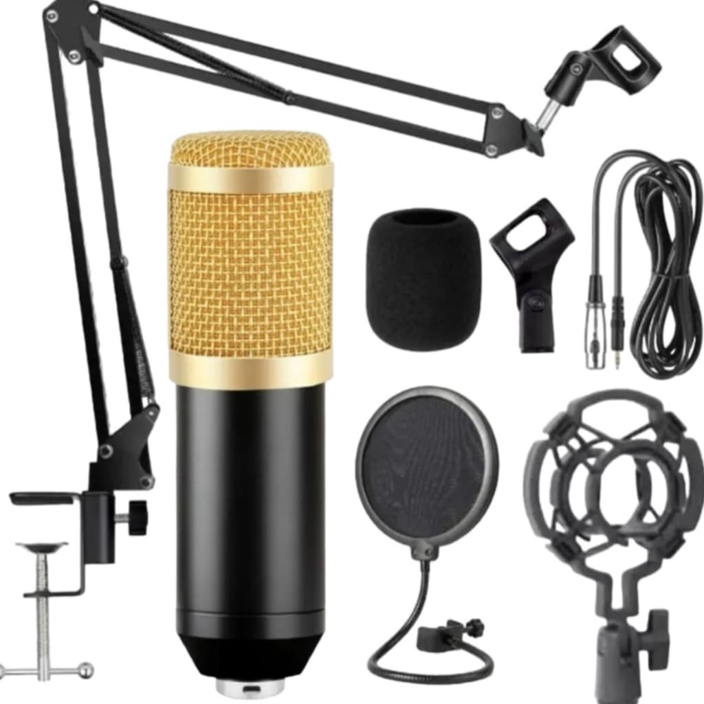 Kit BM800 Microfone Condensador Profissional Pop Filter Shock Mount Antiruido Braço Articulado