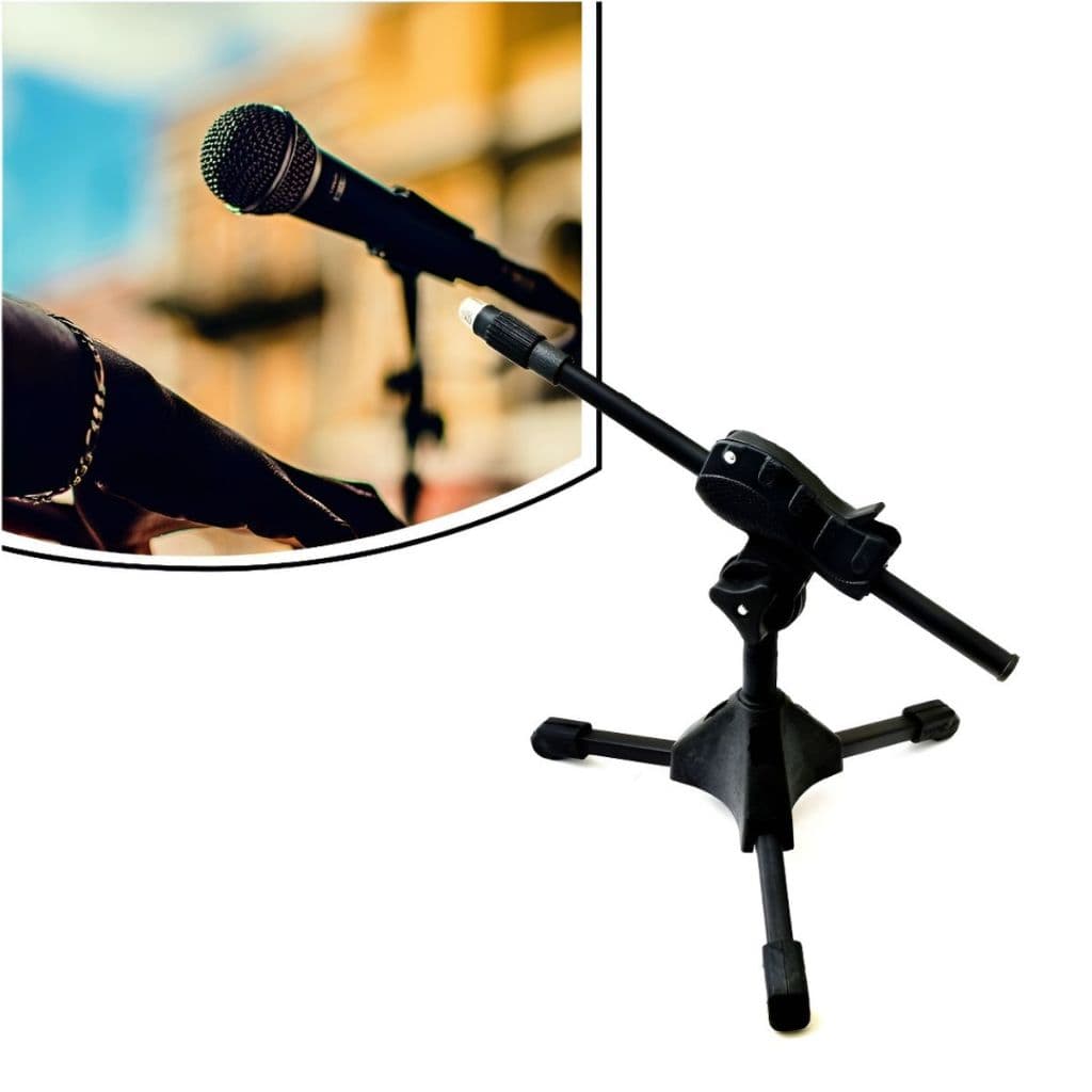 Pedestal de microfone preto para mesa ou bumbo Ibox SMMSB com microfone em ângulo