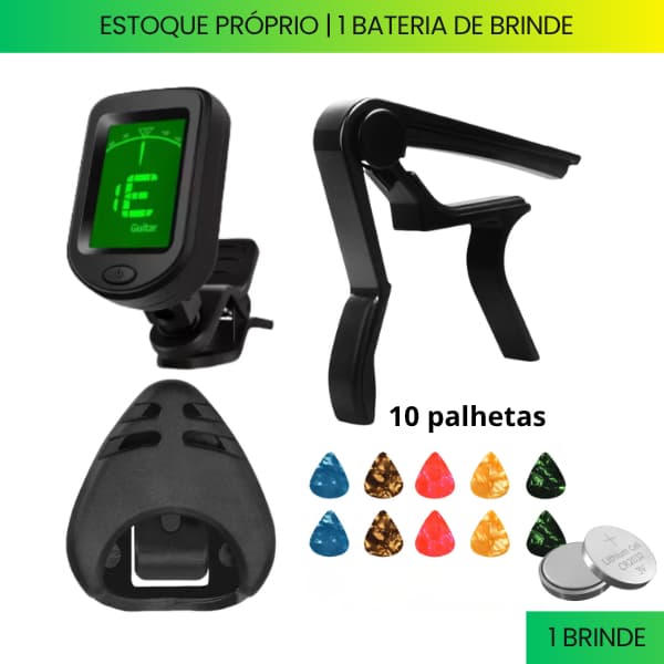 Kit de afinador de violão e guitarra com capotraste, 10 palhetas coloridas e brinde