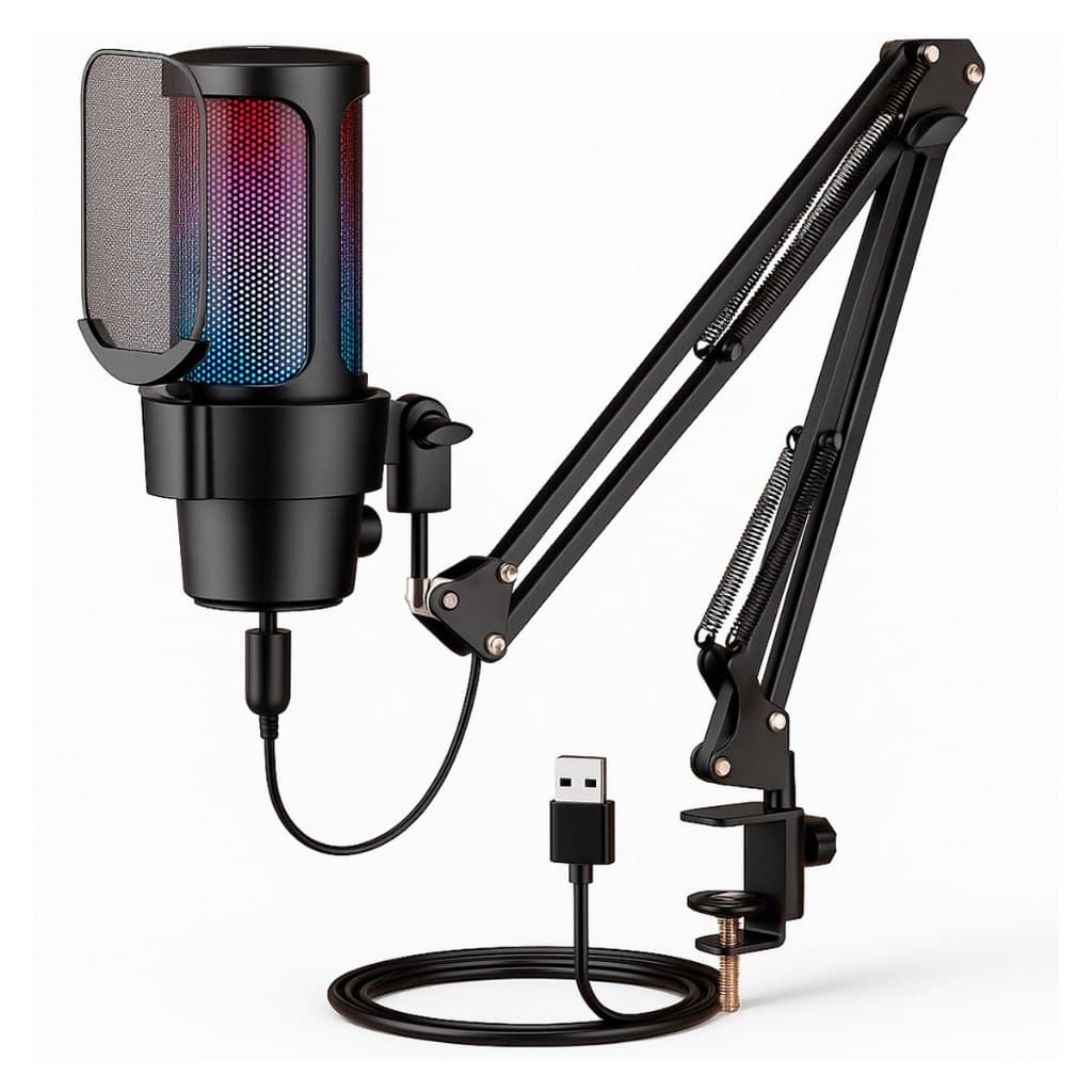 Microfone com suporte articulado para mesa, ideal para estúdio e streaming, com iluminação RGB e conexão USB.