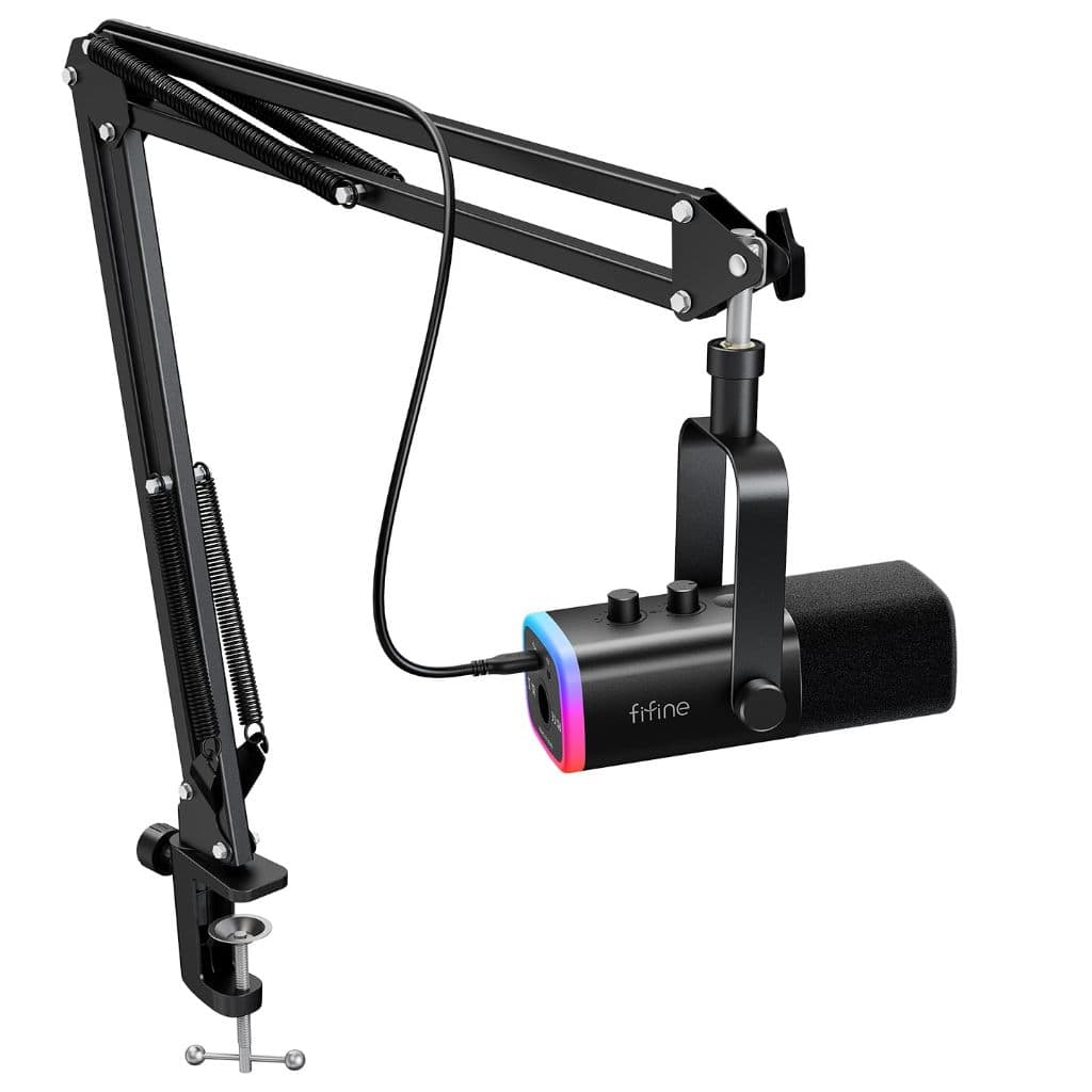 Microfone FIFINE AM8 preto com braço articulado e RGB, contra fundo branco