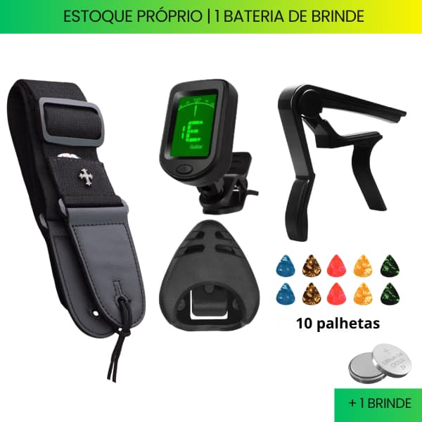 Kit Afinador de Violão e Guitarra com Correia Alça, Capotraste, 10 Palhetas e Brinde