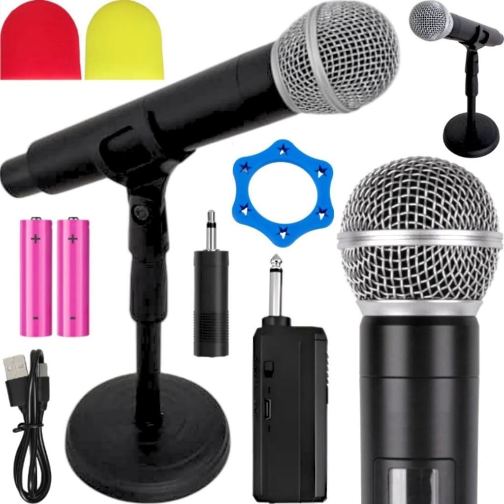 Kit microfone dinâmico sem fio profissional recarregável com microfones e acessórios