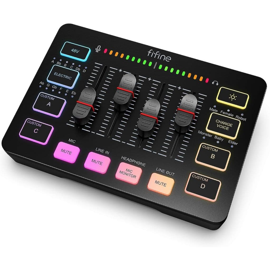 FIFINE Gaming Audio Mixer, Mixer RGB para PC de Streaming com Interface de Microfone XLR, SC3