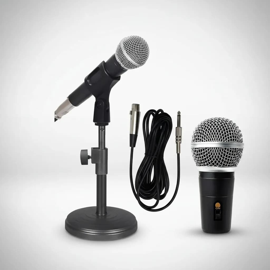 Kit microfone profissional com fio e suporte tripé pedestal preto
