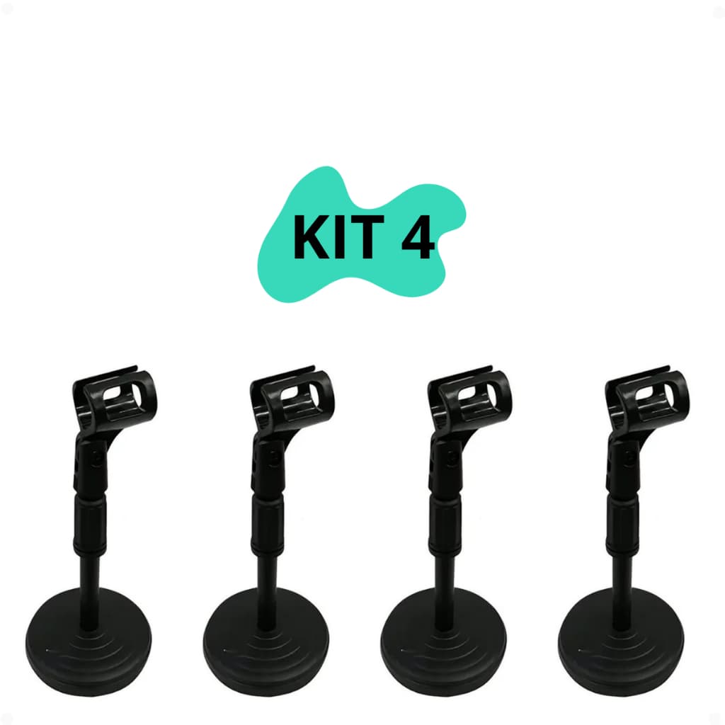 Kit 4 suportes de mesa para microfone, pretos, com base arredondada e ajuste ajustável.