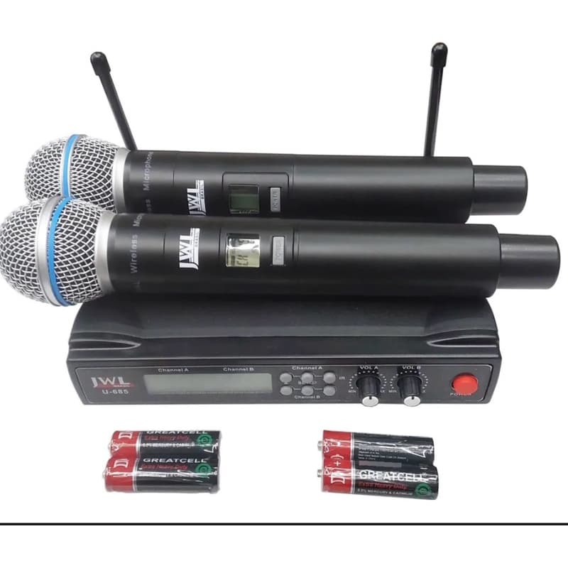 Microfone U-5686 UHF JWL sem fio com dois microfones de mão e receptor
