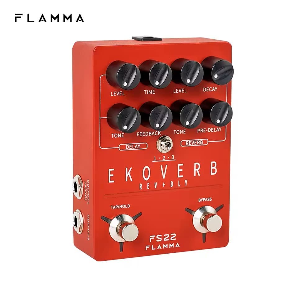 Pedal de guitarra vermelho Flamma Ekoverb FS22 com controles de nível, tempo e feedback