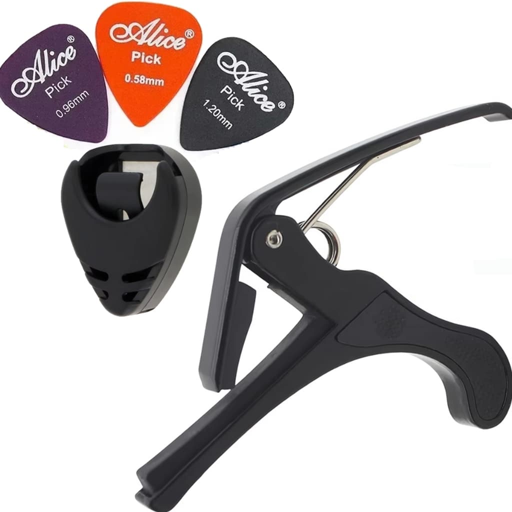 Kit Capotraste  Braçadeira + Porta Palhetas +3 Palhetas