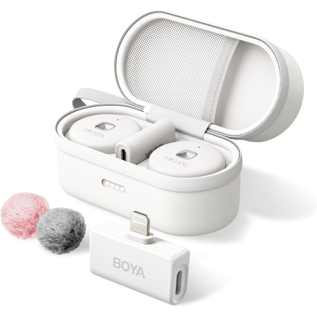 BOYA Microfone de lapela sem fio Omic-D-W para iPhone, microfone sem fio com cancelamento de ruído com clipe magnético