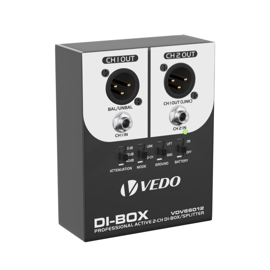 Caixa ativa DI-BOX VEDO com conectores XLR e controles visíveis