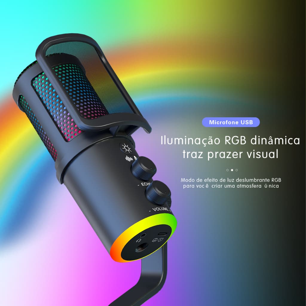 Microfone Gamer Redução de ruído Condensador Podcast Alta Sensibilidade Rgb Microfones e Gravadores Branco preto